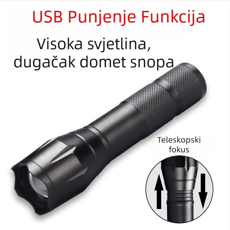 Shato Tribe LED svjetiljka, aluminijsko kućište, punjiva 1200 mAh, domet 100–200 m