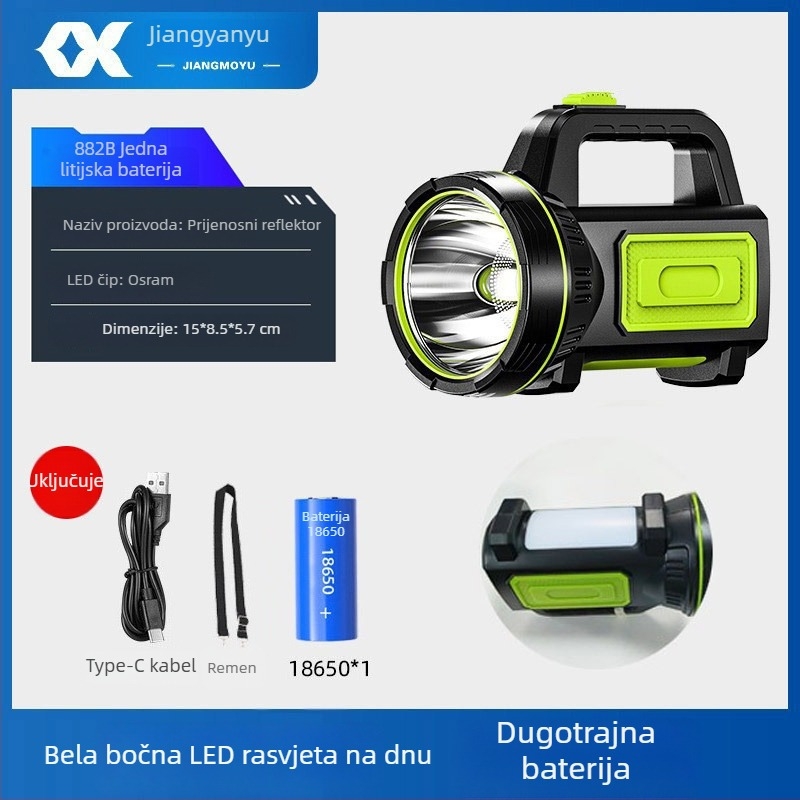 Vanjski ručni LED reflektor, 3W, 1200mAh punjiva baterija, domet 200–500 m
