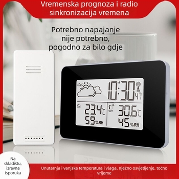 Višefunkcijski digitalni budilnik s unutarnjom i vanjskom temperaturom i vlagom, kalendar, noćno osvjetljenje, vremenska prognoza