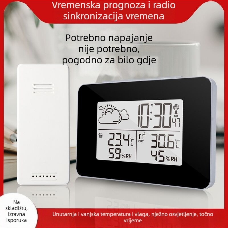Višefunkcijski digitalni budilnik s unutarnjom i vanjskom temperaturom i vlagom, kalendar, noćno osvjetljenje, vremenska prognoza