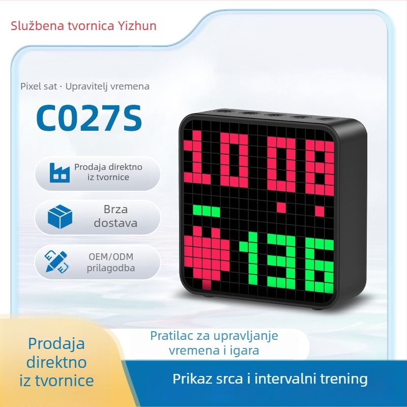 C027S Monitor srčanog ritma i trening timer — stolni sat s alarmom i ambijentalnim svjetlom, ABS plast, vodootporan, funkcija pauze, rezolucija 16×16