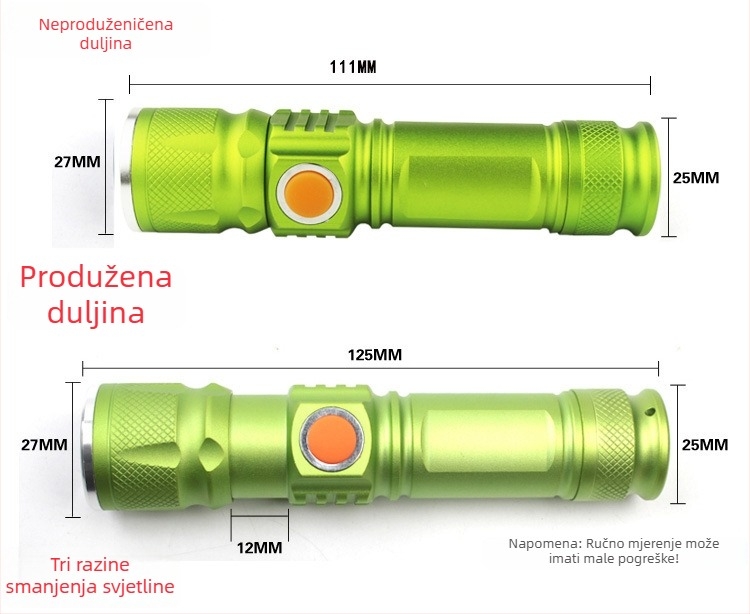 LED baterijska svjetiljka (10W, punjiva, kućište od aluminijske legure, 18650 litij baterija, domet snopa 100–200 m)