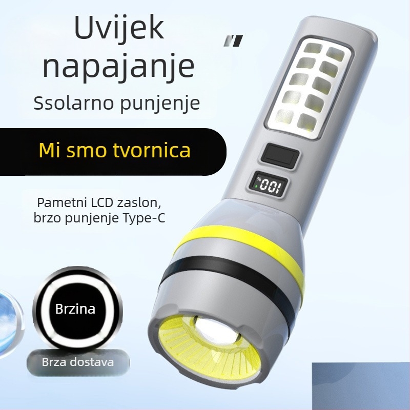 Prijenosna LED fenjer za kampiranje — dugi domet, punjiv, nužno svjetlo za samozaštitu, ručno pokretanje energije, 30W, 1200 mAh