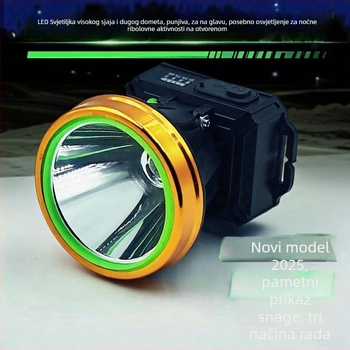 Napajana LED čelna lampica, 120W, baterija 4800 mAh, domet 200–500 m, na glavi