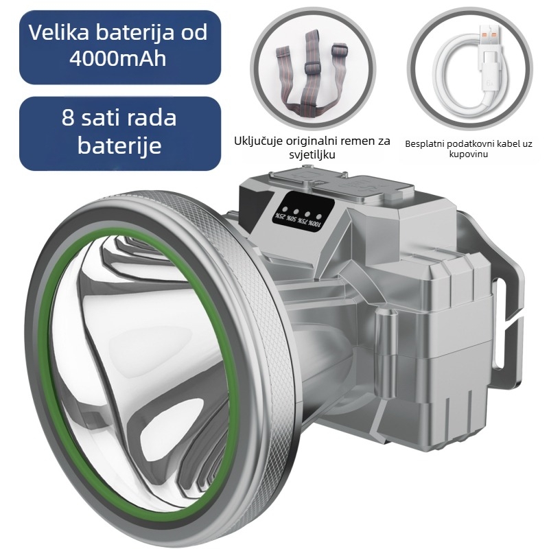 LED čelna lampa od aluminijske legure, 3600 mAh baterija, punjiva, uključen punjač, domet 200–500 m