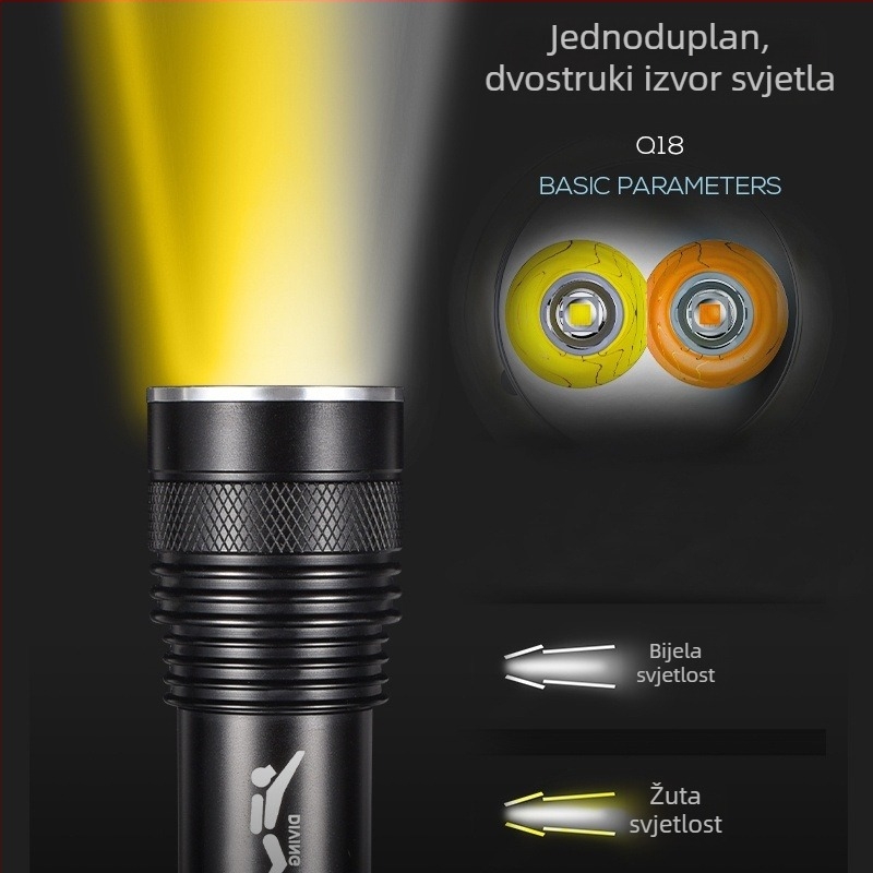 Podvodna LED lampica za ronjenje - aluminijsko kućište, LED, punjiva, ručno pokretanje, višenamjenska