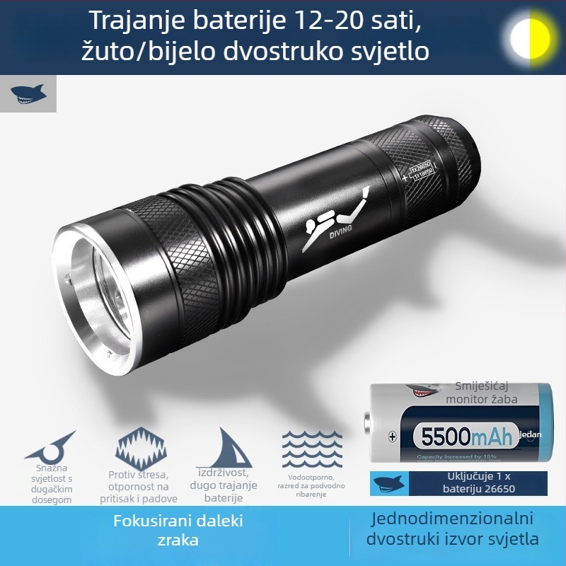 Podvodna LED lampica za ronjenje - aluminijsko kućište, LED, punjiva, ručno pokretanje, višenamjenska