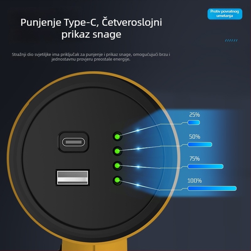 Pailide ručni LED reflektor dugog dometa, USB punjiv, 18W, 5200 mAh, ABS kućište