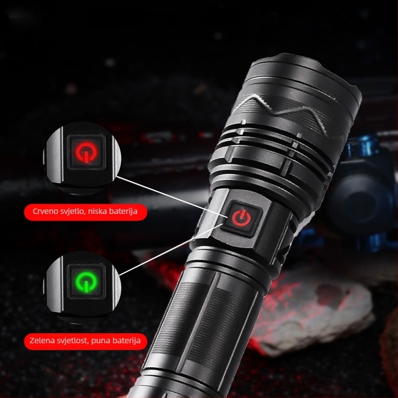 Ručno USB ponovno punjiva LED svjetiljka, aluminijsko kućište, 5500 mAh, 100–240 lm, vodootporna, domet 100–200 m