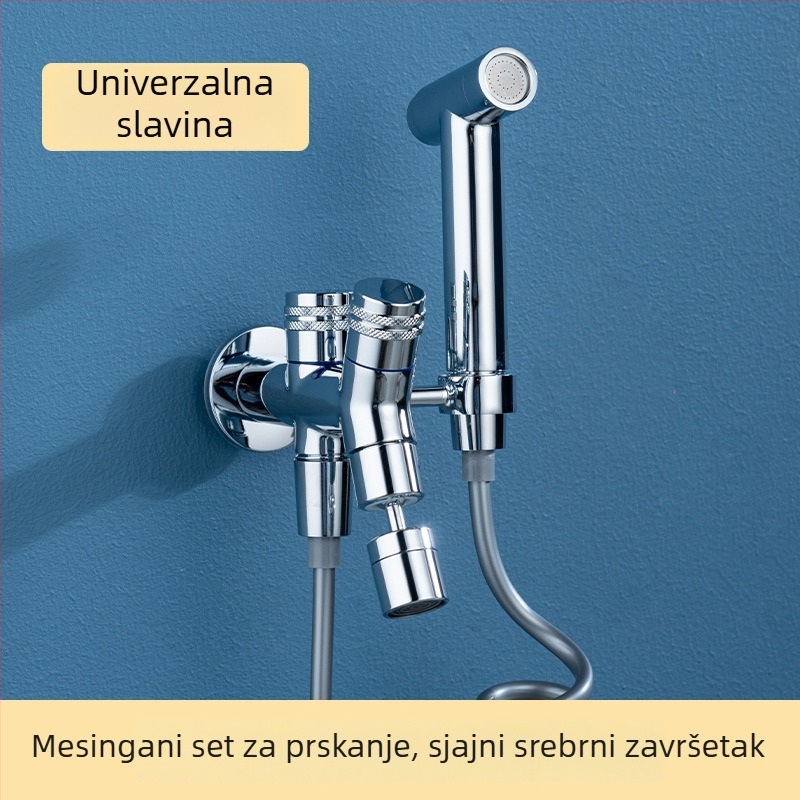 Zidna ručna slavina s bakrenim prskalom i dvostrukim izlazom, nosač (zidna montaža; bakar; prskalo; dvostruki izlaz)