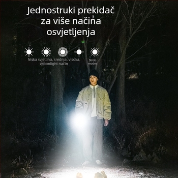 Vanjska kompakna LED svjetiljka, punjiva, aluminijska legura, 1100 mAh, 350+ lm, vodootporna, domet 200–500 m