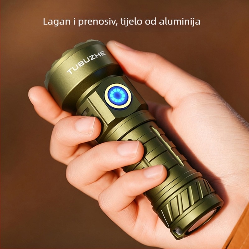 Vanjska kompakna LED svjetiljka, punjiva, aluminijska legura, 1100 mAh, 350+ lm, vodootporna, domet 200–500 m