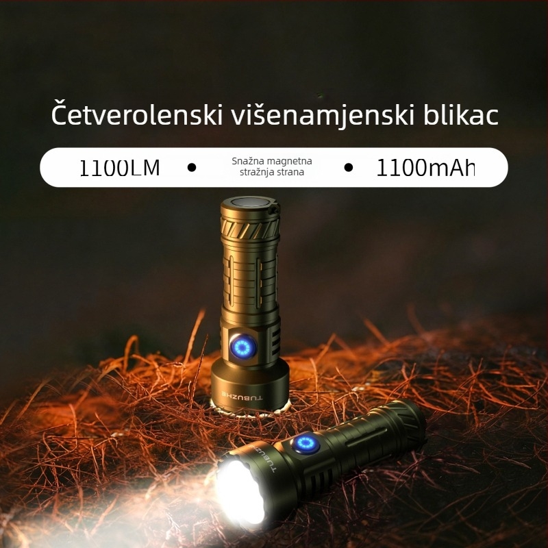 Vanjska kompakna LED svjetiljka, punjiva, aluminijska legura, 1100 mAh, 350+ lm, vodootporna, domet 200–500 m