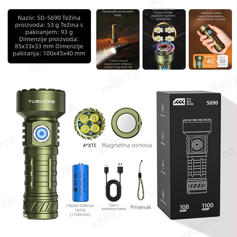 Vanjska kompakna LED svjetiljka, punjiva, aluminijska legura, 1100 mAh, 350+ lm, vodootporna, domet 200–500 m