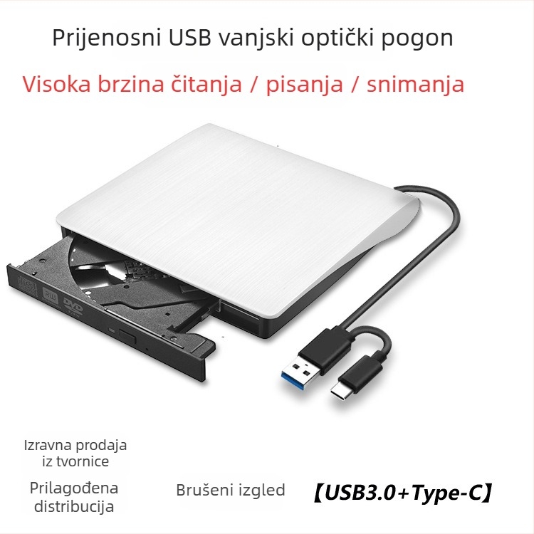 Vanjski USB-C DVD burner (SY898) s čitanjem DVD 8x i pisanjem CD 24x, USB-C sučelje, vanjski uređaj, podržava DVD-RW/DVD-RAM