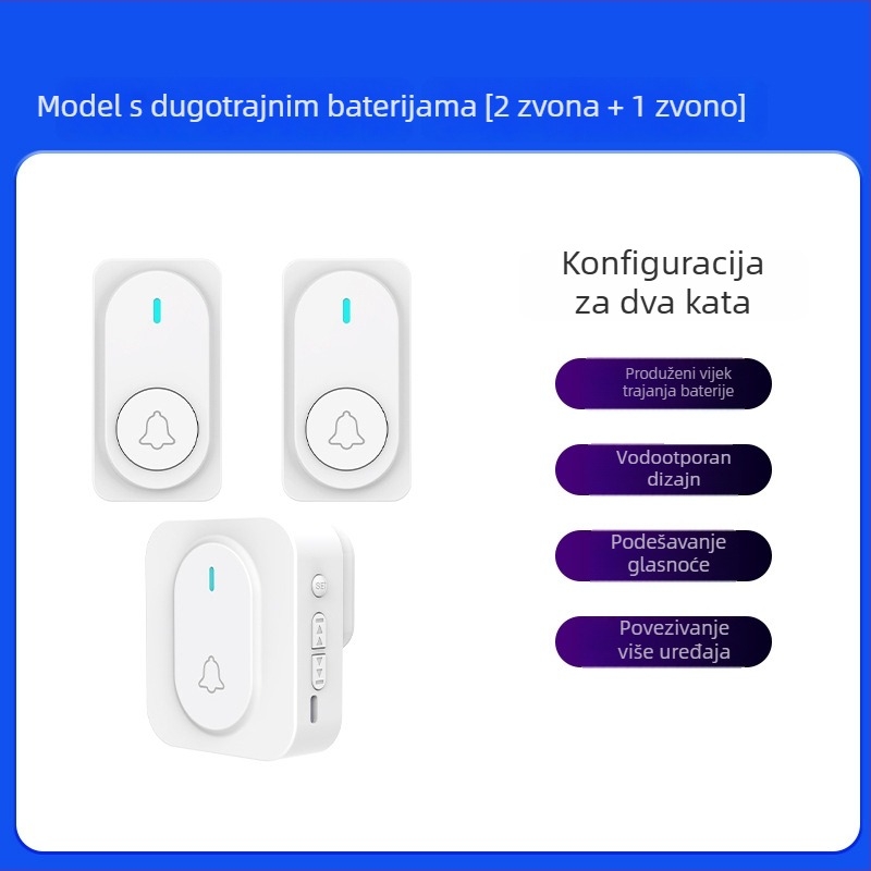 Bežični zvučnik za vrata s dvostrukim prijemnikom, duga dometa, 36 tonova zvona, 110–220 V AC, napajanje preko mreže ili baterije