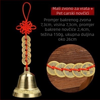 Bakreni zvončić s privjeskom – kineski stil, motiv pet carskih novčića (Materijal: bakar; Stil: kineski; Kategorija: zvono; Primjena: dom, ured, hram)