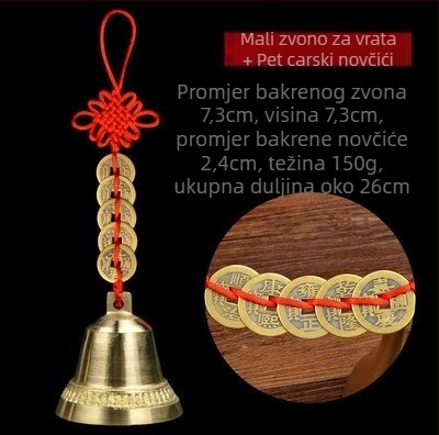 Bakreni zvončić s privjeskom – kineski stil, motiv pet carskih novčića (Materijal: bakar; Stil: kineski; Kategorija: zvono; Primjena: dom, ured, hram)