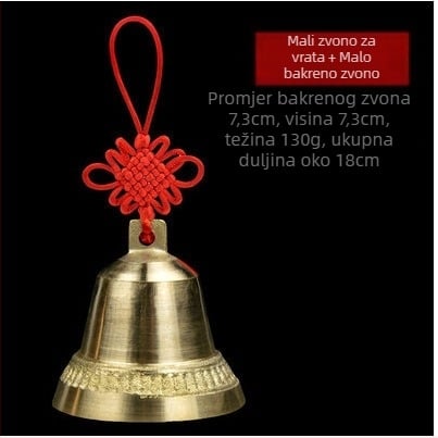 Bakreni zvončić s privjeskom – kineski stil, motiv pet carskih novčića (Materijal: bakar; Stil: kineski; Kategorija: zvono; Primjena: dom, ured, hram)