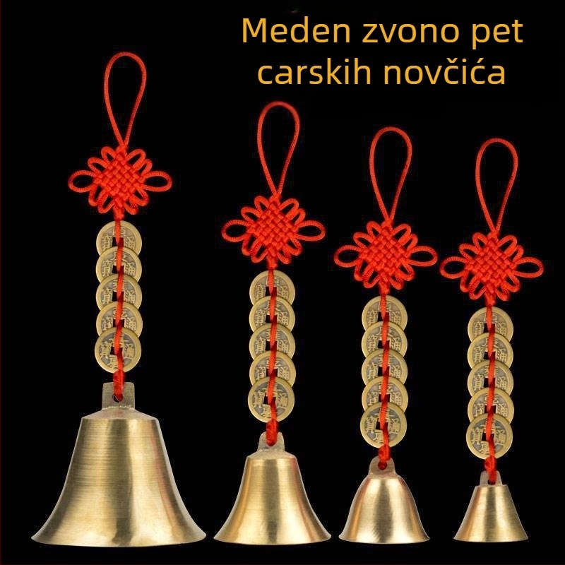 Bakreni zvončić s privjeskom – kineski stil, motiv pet carskih novčića (Materijal: bakar; Stil: kineski; Kategorija: zvono; Primjena: dom, ured, hram)