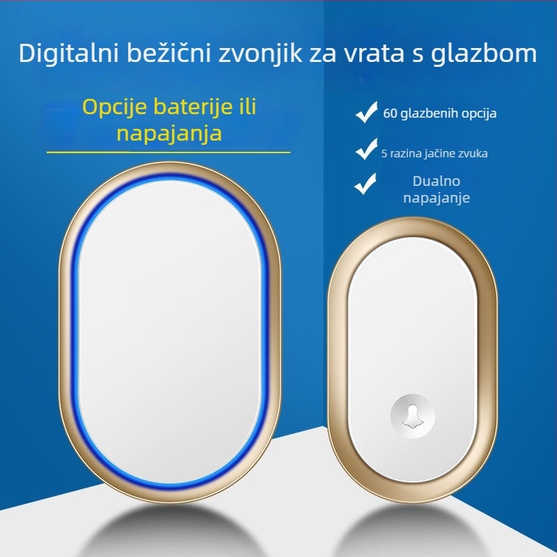 Bežični zvončić za vrata, napajan DC baterijom, domet do 300 m, 60 melodija, 5 razina glasnoće, model A99-dc, brenda Cacazi