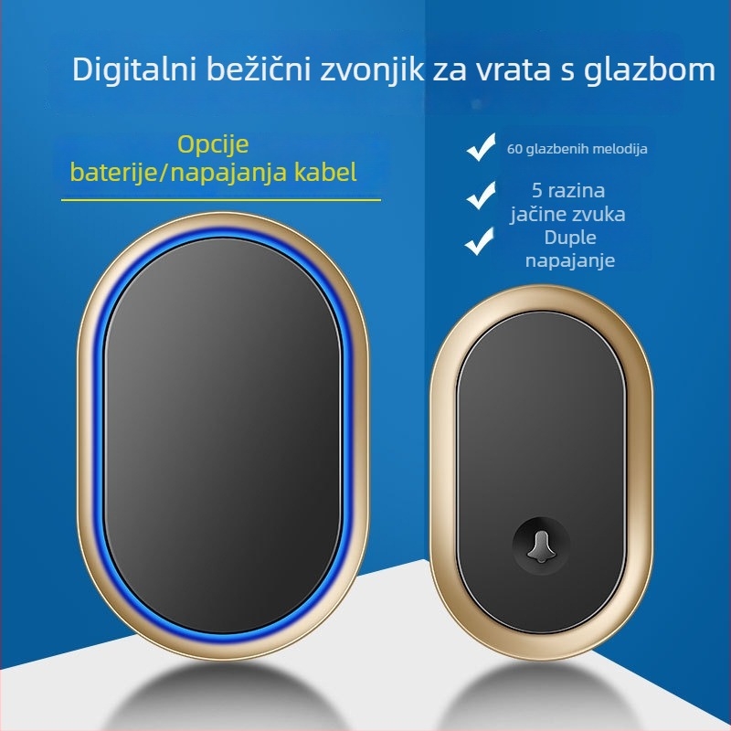 Bežični zvončić za vrata, napajan DC baterijom, domet do 300 m, 60 melodija, 5 razina glasnoće, model A99-dc, brenda Cacazi