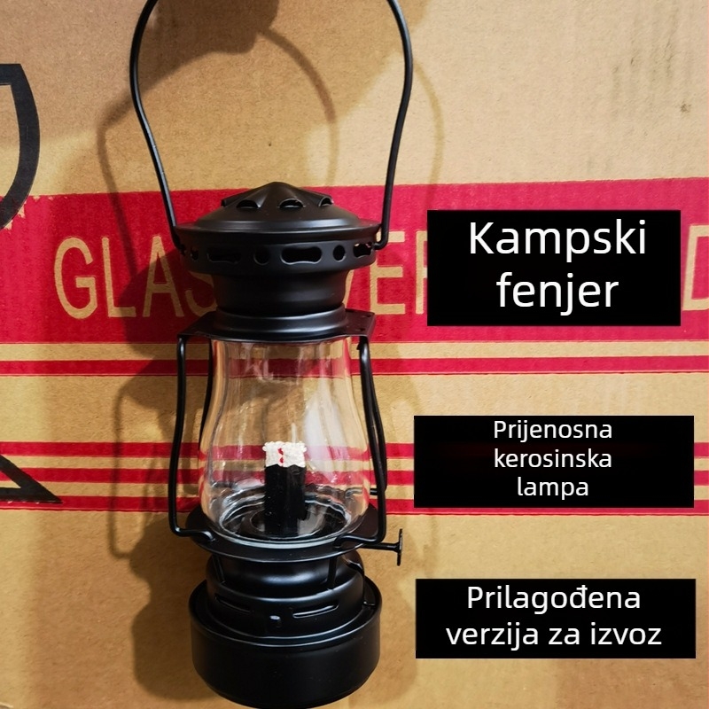 Great Fire vintage vanjska petrolejska lampa za kampiranje – prijenosna uljna lampa s okretanjem prekidača; izvor energije: kinetička konverzija; držač od tin-zinc legure i staklena sjenila; težina oko 300 g