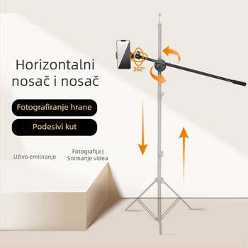 Podni stativ s horizontalnim ramenom za live streaming s tabletom/telefonom; Materijal: željezna cijev; Nosivost: 2–5 kg; Promjer cijevi: 16–19 mm; Broj čvorova: 1; Težina: 180 g