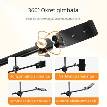 Podni stativ s horizontalnim ramenom za live streaming s tabletom/telefonom; Materijal: željezna cijev; Nosivost: 2–5 kg; Promjer cijevi: 16–19 mm; Broj čvorova: 1; Težina: 180 g