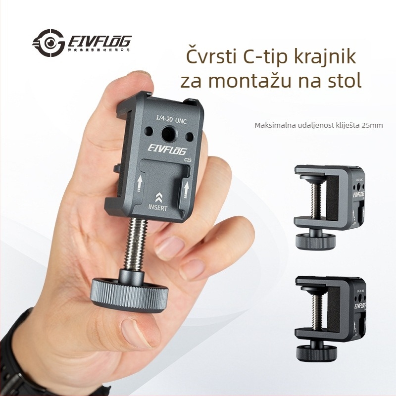 Foto-stativ od aluminijske legure, 2-sekcijski dizajn, nosivost 1–3 kg, radna visina 50 mm, težina 105 g, marka Eivf log