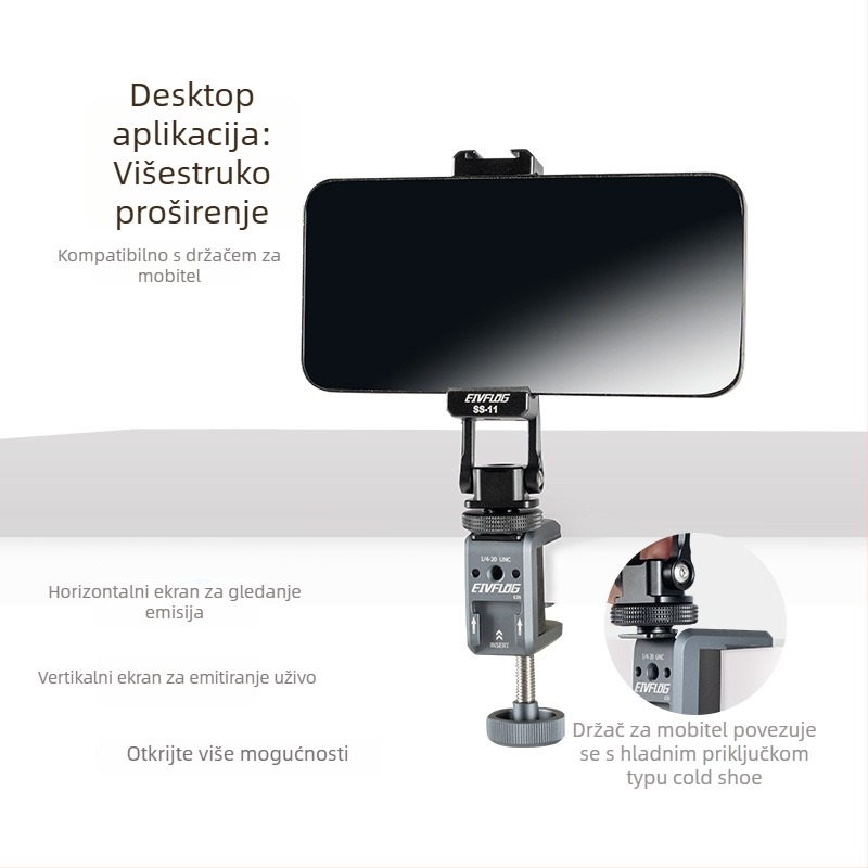 Foto-stativ od aluminijske legure, 2-sekcijski dizajn, nosivost 1–3 kg, radna visina 50 mm, težina 105 g, marka Eivf log