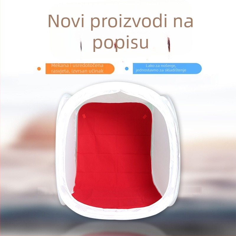 Prijenosni Soft Light Box za fotografiranje proizvoda; materijal: mekana svjetlosna tkanina; unutrašnjost s bijelom flokiranom površinom; višestruka funkcionalnost; uključuje 4 boje pozadina; težina 1–4 kg