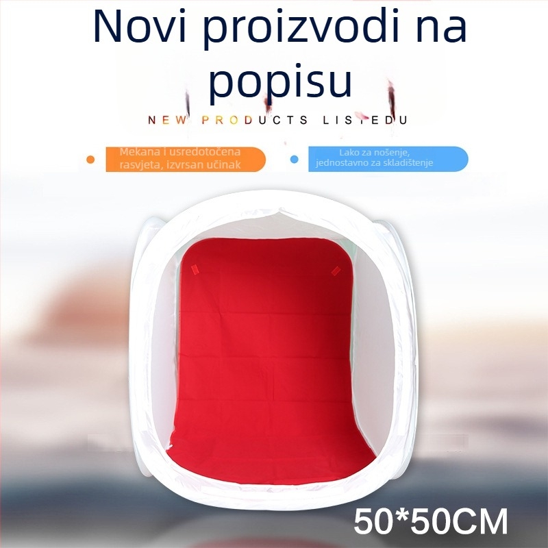 Prijenosni Soft Light Box za fotografiranje proizvoda; materijal: mekana svjetlosna tkanina; unutrašnjost s bijelom flokiranom površinom; višestruka funkcionalnost; uključuje 4 boje pozadina; težina 1–4 kg