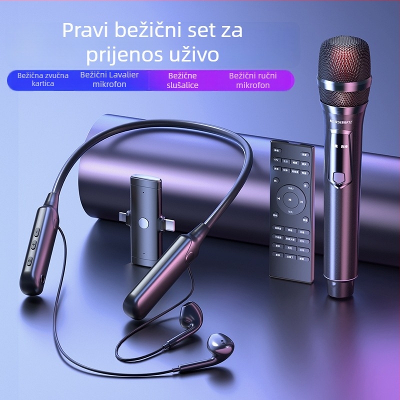 Mikrofon za prijenos uživo s ugrađenom zvučnom kartom — komplet za računalo i kamere, omnidirekcijski, 40 Hz–20 kHz, SNR ≥95 dB, ugrađena baterija, trajanje 6–8 h, dimenzije 45×45×10 mm