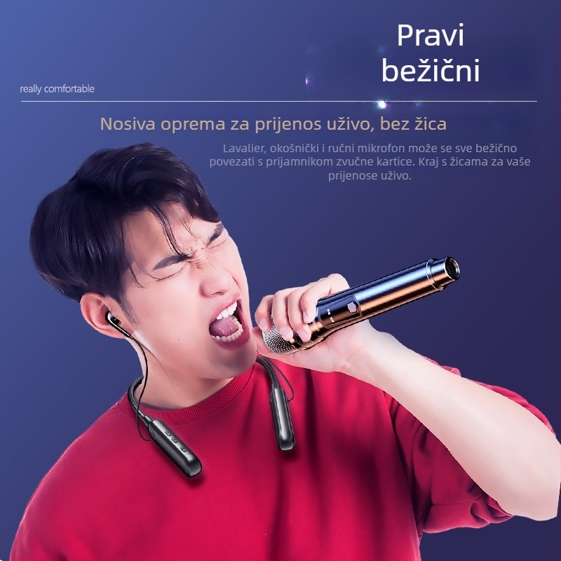Mikrofon za prijenos uživo s ugrađenom zvučnom kartom — komplet za računalo i kamere, omnidirekcijski, 40 Hz–20 kHz, SNR ≥95 dB, ugrađena baterija, trajanje 6–8 h, dimenzije 45×45×10 mm