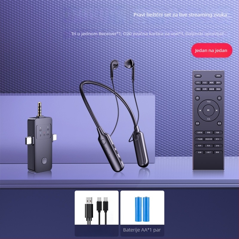 Mikrofon za prijenos uživo s ugrađenom zvučnom kartom — komplet za računalo i kamere, omnidirekcijski, 40 Hz–20 kHz, SNR ≥95 dB, ugrađena baterija, trajanje 6–8 h, dimenzije 45×45×10 mm