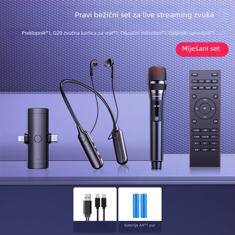 Mikrofon za prijenos uživo s ugrađenom zvučnom kartom — komplet za računalo i kamere, omnidirekcijski, 40 Hz–20 kHz, SNR ≥95 dB, ugrađena baterija, trajanje 6–8 h, dimenzije 45×45×10 mm