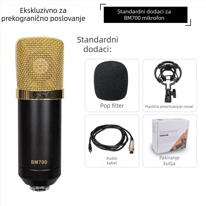 BM700 USB Kondenzatorni Mikrofon za Živo Emitiranje s Kardioidnim Uzorkom, 20 Hz–20 kHz, SNR ≥85 dB, USB Kompletna Sada