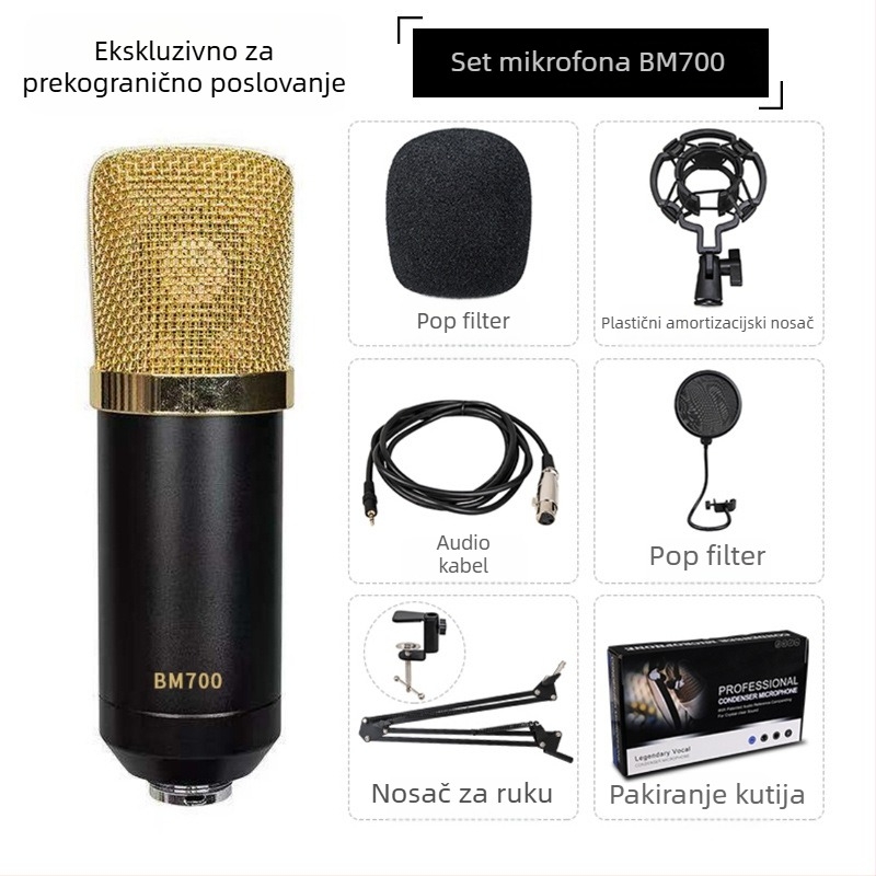 BM700 USB Kondenzatorni Mikrofon za Živo Emitiranje s Kardioidnim Uzorkom, 20 Hz–20 kHz, SNR ≥85 dB, USB Kompletna Sada