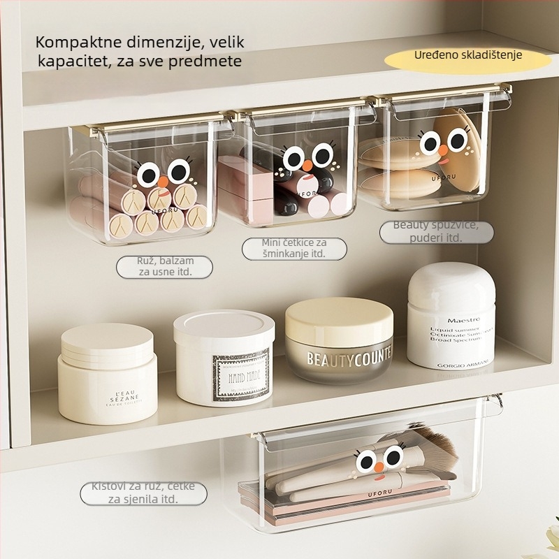 Kutija za kozmetiku s ladicom i kliznim poklopcem, PET+ABS plastika, 1 odjeljak, ispod stola — za kozmetiku i uredske potrepštine