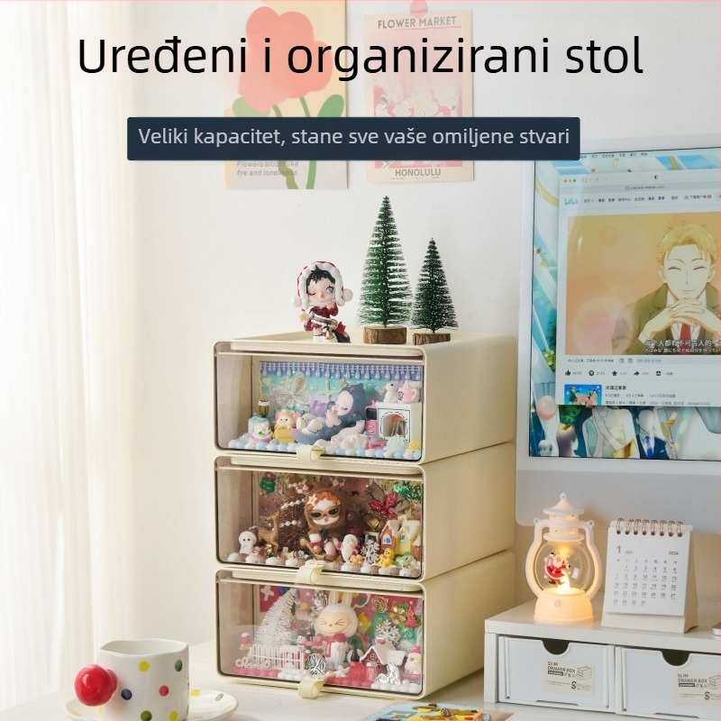 Kutija za stolno skladištenje otporna na prašinu, PS+PET plast, kapacitet 12 L, pregrade, može se slagati, set od 8 komada