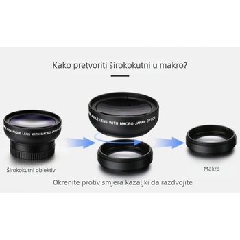 Optički objektiv za mobilni telefon: 0.45x ultrawide + makro, dva u jednom, univerzalni
