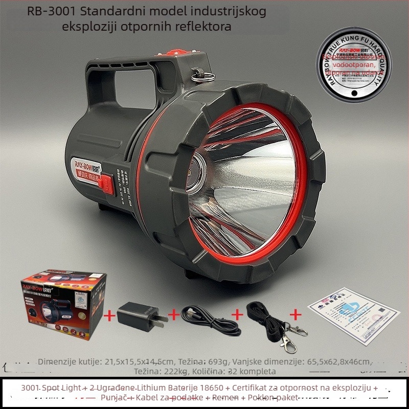 Prijenosna LED svjetiljka, otporna na eksplozije, snažno svjetlo — baterija 4000mAh, snaga 1000W, domet do 500 m, punjiva