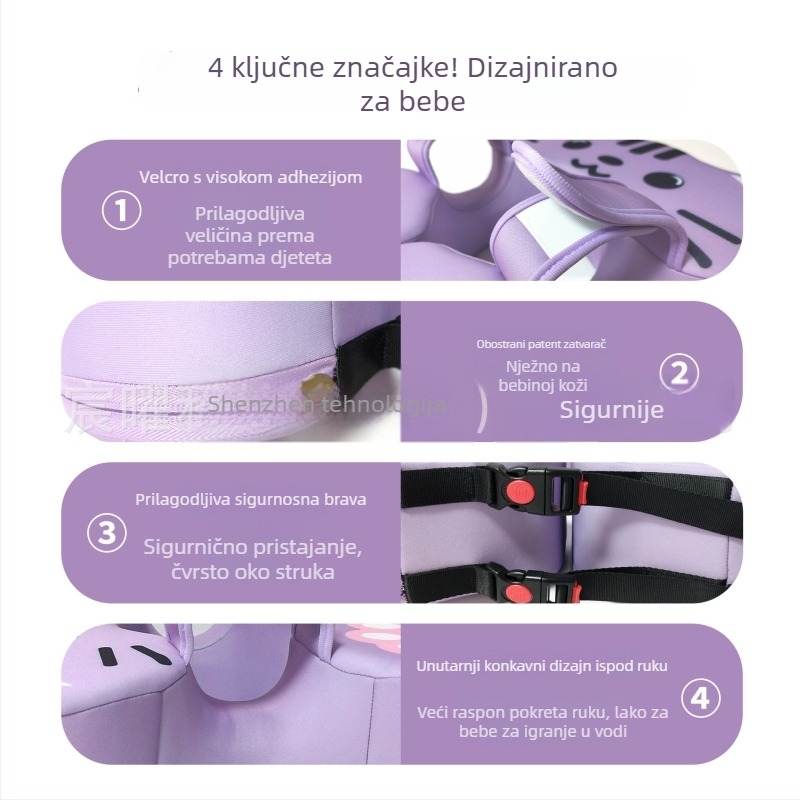 Dječji plivački prsten s podrškom ispod pazuha — protiv prevrnuća i gušenja, prilagodljiva sigurnost; bez nadavanja; unutarnji mikro-kapsularni polimerni sloj + 3D zdravi materijal