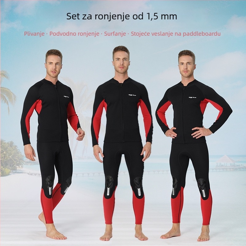 Dvo-dijelni 1.5 mm neoprenski kostim od najlona – unisex, toplo za ronjenje i plivanje (gornji dio s dugim rukavima + hlače)