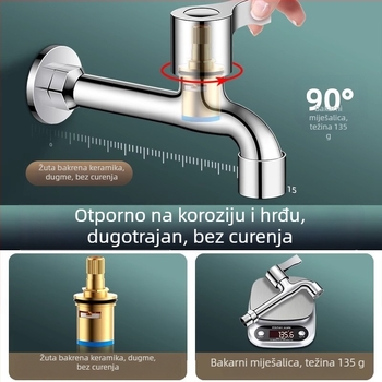 Prošireni slavine za perilicu rublja s dvostrukim glavom, ugradnja u zid, nehrđajući čelik, promjer sjedišta ventila 15 mm, promjer ulazno-izlaznih cijevi s četiri porta
