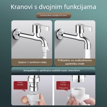Prošireni slavine za perilicu rublja s dvostrukim glavom, ugradnja u zid, nehrđajući čelik, promjer sjedišta ventila 15 mm, promjer ulazno-izlaznih cijevi s četiri porta