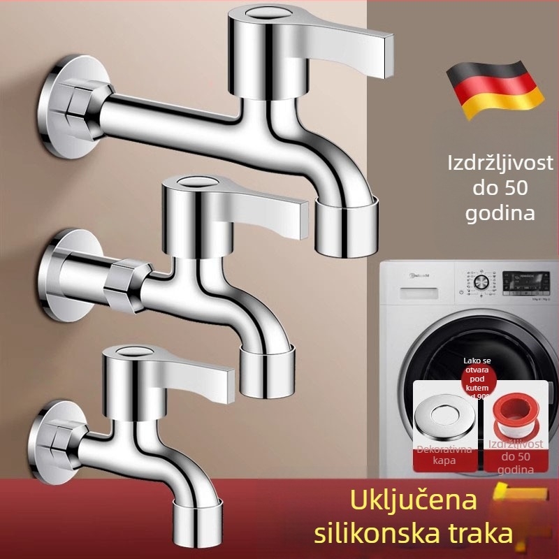 Prošireni slavine za perilicu rublja s dvostrukim glavom, ugradnja u zid, nehrđajući čelik, promjer sjedišta ventila 15 mm, promjer ulazno-izlaznih cijevi s četiri porta