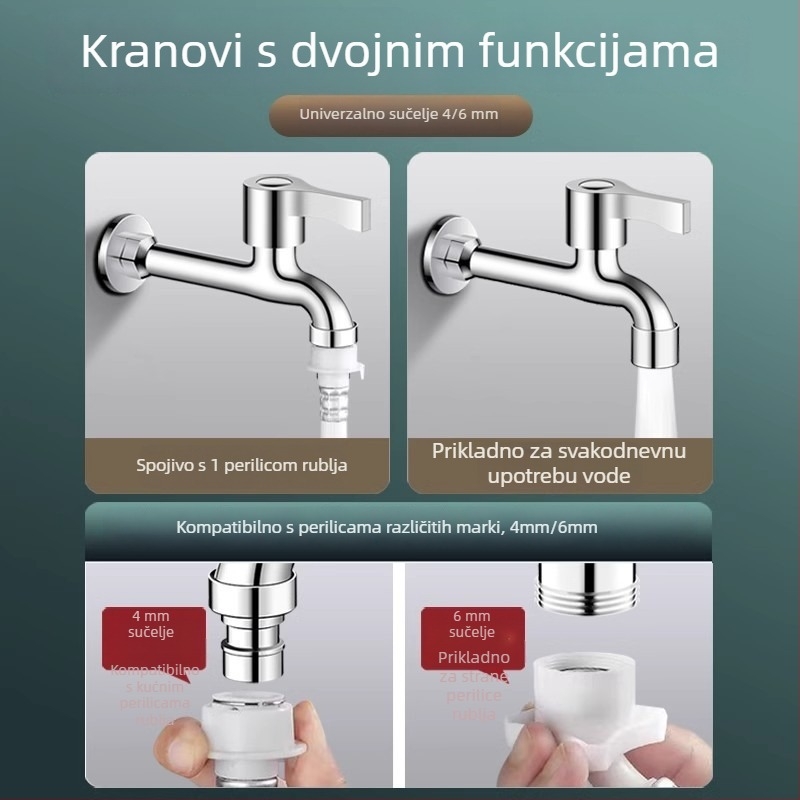 Prošireni slavine za perilicu rublja s dvostrukim glavom, ugradnja u zid, nehrđajući čelik, promjer sjedišta ventila 15 mm, promjer ulazno-izlaznih cijevi s četiri porta
