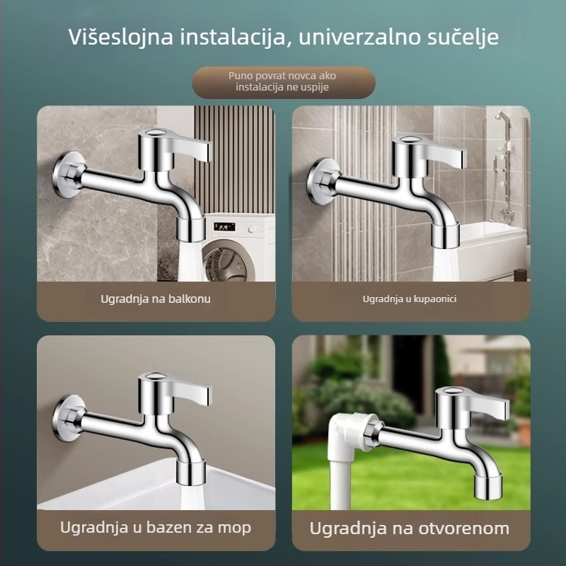 Prošireni slavine za perilicu rublja s dvostrukim glavom, ugradnja u zid, nehrđajući čelik, promjer sjedišta ventila 15 mm, promjer ulazno-izlaznih cijevi s četiri porta